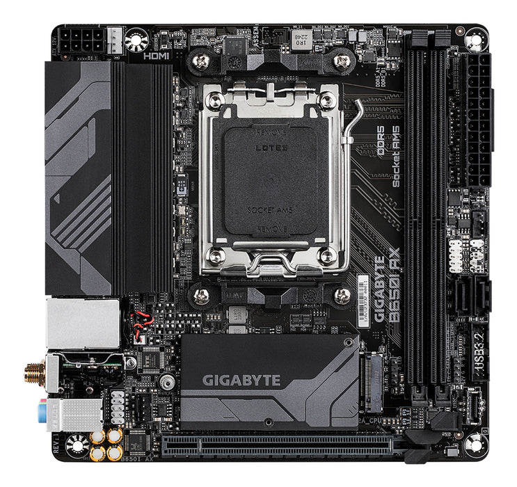 GIGABYTE B650I AX Motherboard - AMD Ryzen 9000 Series CPUs, 5+2+1 Phases VRM, up to 6400MHz DDR5 (OC), 1xPCIe 4.0 M.2, 2.5GbE LAN, WIFI 6E, USB 3.2 Gen 2