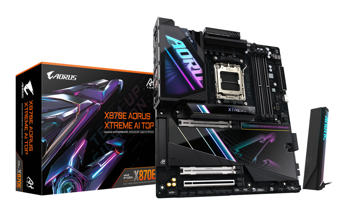 GIGABYTE X870E AORUS XTREME AI TOP Motherboard - Supports AMD Ryzen 9000 Series CPUs, 18+2+2 phases VRM, up to 8800MHz DDR5 (OC), 1xPCIe 5.0 M.2 + 3xPCIe 4.0 M.2, WI-FI 7, 10GbE LAN, USB 4