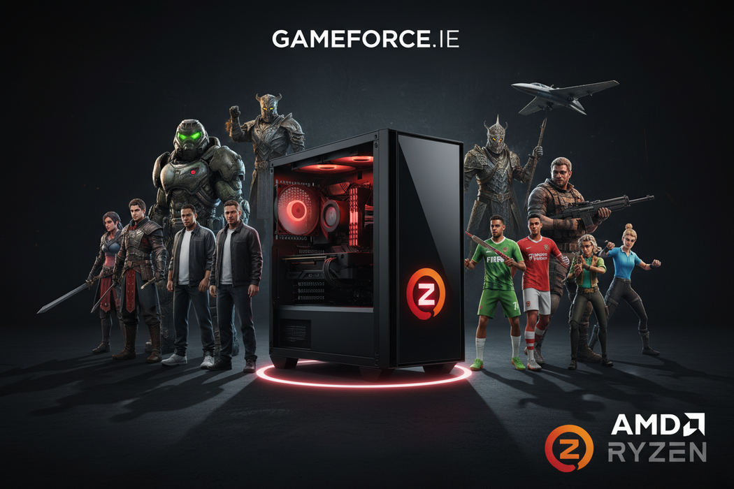 dark background , gameforce.ie logo in white , midi tower custom gaming pc , amd ryzen logo on midi tower pc , amd ryzen watermark , pc game characters around the midi tower pc , baldurs gate , wolfenstein , doom 3d , baldurs gate 3 , gta V , ea sports fifa , fortnite , flight simulator , call of duty , elden ring 