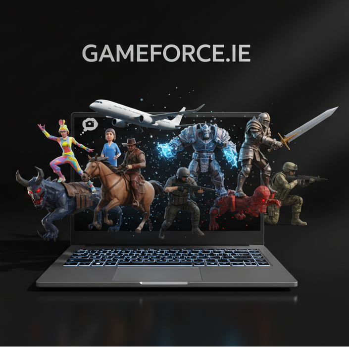 Laptop with animated characters on screen displaying 'GAMEFORCE.IE' on a dark background
